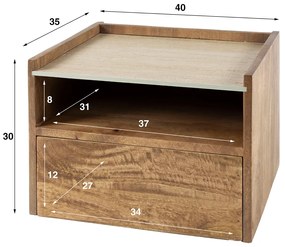 Zwevend Nachtkastje Travertin En Hout - 40x35x30cm.
