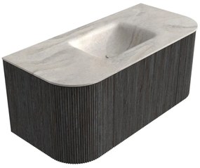 Mondiaz Kurve-dlux 100cm badmeubel ronding links/rechts shadow met 1 lade en 2 deuren en wastafel grunne midden zonder kraangat ostra