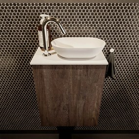 Mondiaz Fowy toiletmeubel 40cm dark brown met witte waskom rechts en kraangat