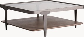 Handgemaakte salontafel Gehofen met essenhouten plank en glazen tafelblad