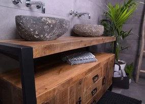 MD Interior Woodz badkamermeubel 135cm 0 kraangaten met 2 riviersteen waskommen