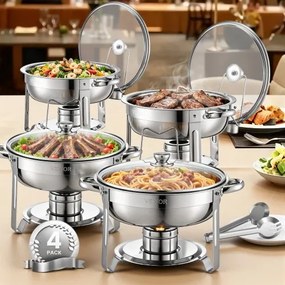 VEVOR Chafing Dish Buffetvoedselwarmer met 4 grote containers (elk 4,7 l), ronde cateringwarmtedispenser met glazen deksel, waterpan en opvouwbare standaard, voor bruiloftsbuffet zilver