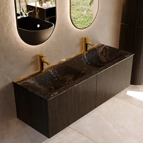 Mondiaz Kurve-dlux 130cm badmeubel shadow met 2 lades en wastafel leaf dubbel 2 kraangaten lava
