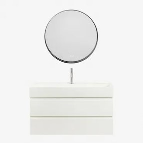 Ona Zwevend Badkamermeubelset Van Hout En Essenfineer Met Geïntegreerde Wastafel Wit & Round Led And Antifog Zwart Ø80 Cm - Sklum