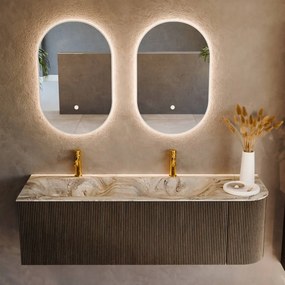 Mondiaz Kurve-dlux 145cm badmeubel ronding rechts shadow met 1 lade en deur en wastafel leaf dubbel/links 2 kraangaten glace
