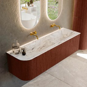 Mondiaz Kurve-dlux 155cm badmeubel ronding links ruby met 2 lades en 1 deur en wastafel leaf dubbel/rechts zonder kraangat glace