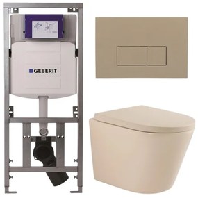 QeramiQ Dely Toiletset - 36.3x51.7cm - diepspoel - rimless - Geberit UP320 inbouwreservoir - softclose toilet zitting 35 mm - bedieningsplaat taupe - rechthoekige knoppen - mat beige SW1000764/SW1000771/0701131/SW1102379