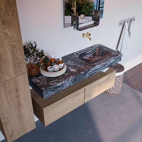 Mondiaz Alan DLux badmeubel 130cm washed oak 2 lades met wastafel lava rechts zonder kraangat