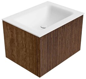 Mondiaz Kurve 60cm badmeubel walnut met 1 lade en wastafel cloud midden zonder kraangat