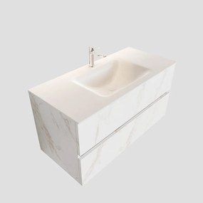 Zaro Valencia Solid Surface badmeubel 100cm wit marmer 1 kraangat spoelbak midden met 2 lades