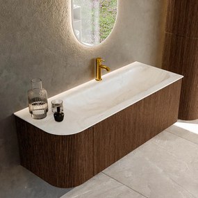 Mondiaz Kurve-dlux 125cm badmeubel ronding links walnut met 1 lade en deur en wastafel big medium kraangat rechts ostra