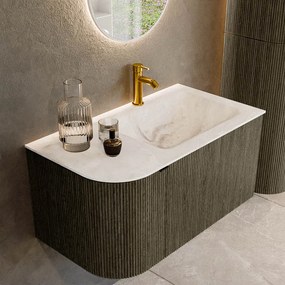 Mondiaz Kurve-dlux 85cm badmeubel ronding links shadow met 1 lade en deur en wastafel cloud kraangat rechts frappe