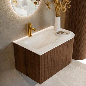 Mondiaz Kurve-dlux 75cm badmeubel ronding rechts walnut met 1 lade en deur en wastafel grunne kraangat links ostra