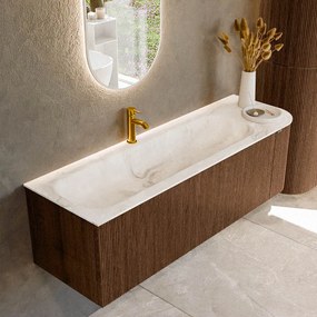 Mondiaz Kurve-dlux 145cm badmeubel ronding rechts walnut met 1 lade en deur en wastafel big large kraangat links frappe