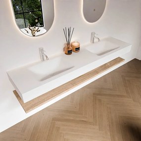 Zaro Alan badmeubel 180cm met planchet washed oak en vrijhangende wastafel cloud dubbel 2 kraangaten talc