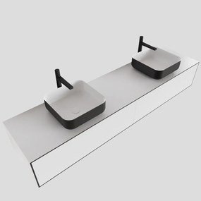 Zaro Lagom volledig naadloos solid surface onderkast met topblad 190cm mat zwart met 2 lades Push tot open. Compleet met solid surface opzetkom met 2 kraangat(en)