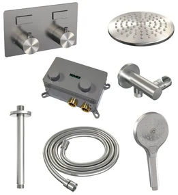 Brauer Brushed Carving thermostatische inbouw regendouche met 3 standen handdouche, plafondarm en hoofddouche 20cm set 59 RVS geborsteld PVD
