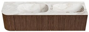 Mondiaz Kurve-dlux 165cm badmeubel ronding links walnut met 2 lades en 1 deur en wastafel stor small dubbel/rechts zonder kraangat frappe