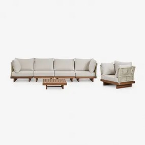 Woonkamerset Met 4-delige Modulaire Bank Met 2 Hoekfauteuils, Salontafel En Fauteuil In Dailin Acaciahout Acacia Bruin - Sklum