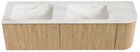 Mondiaz Kurve-dlux 155cm badmeubel ronding rechts oak met 2 lades en 1 deur en wastafel leaf dubbel/links zonder kraangat ostra