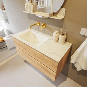Mondiaz Vica DLux badmeubel 100cm washed oak 2 lades met wastafel opalo links zonder kraangat