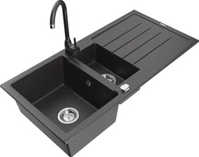 Mexen Andres granieten gootsteen 1,5-komorige met afdruiprek en keukenkraan Telma, zwart gespikkeld - 6515-76-670200-76