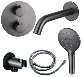 Fortifura Calvi Badkraan set - uitloop - 22cm inkortbaar - rond bedienigspaneel - gladde slang - ronde handdouche - inbouwdeel - wandhouder - geborsteld gunmetal PVD SW721165/SW766536/SW799451/SW1122514/SW1159495/SW1