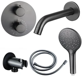 Fortifura Calvi Badkraan set - uitloop - 22cm inkortbaar - rond bedienigspaneel - gladde slang - ronde handdouche - inbouwdeel - wandhouder - geborsteld gunmetal PVD SW721165/SW766536/SW799451/SW1122514/SW1159495/SW1