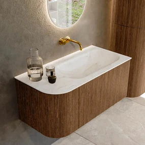Mondiaz Kurve-dlux 95cm badmeubel ronding links walnut met 1 lade en deur en wastafel big small rechts zonder kraangat ostra