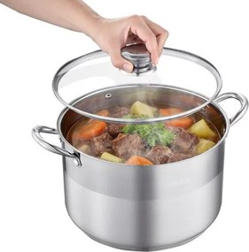 VEVOR roestvrijstalen soeppan 11,4 liter, grote soeppan met glazen deksel, geschikt voor inductiekookplaten, hoogwaardige pastapan, PFOA-vrij, PFAS-vrij, voor gas- en elektrische kookplaten, ideaal voor stoofschotels, pasta en grote porties voor het hele