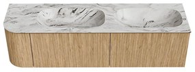 Mondiaz Kurve-dlux 165cm badmeubel ronding links oak met 2 lades en 1 deur en wastafel stor small dubbel/rechts 2 kraangaten glace