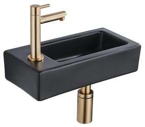 QeramiQ Fuente Fonteinset - 37.5x18.5x9cm - keramiek - kraangat links - fonteinkraan geborsteld messing - afvoerplug - verlaagd sifon - Mat Zwart SW1122451/SW696208/SW696218/SW696238