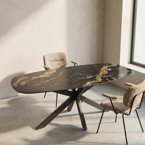 Ovale Eettafel Marmerlook Zwart Goud - 180 X 90cm.