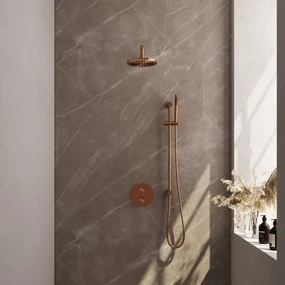 Brauer Copper Edition thermostatische inbouw regendouche met staafhanddouche, gebogen muurarm, glijstang en hoofddouche 20cm set 87 koper geborsteld PVD