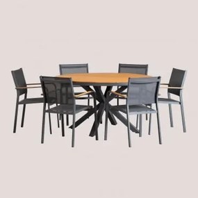 Ronde Tafelset Ø140 Cm Van Eucalyptus Hout En 6 Stapelbare Tuinstoelen Van Aluminium Archer Grijs – Grafiet - Sklum