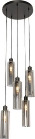 Moderne hanglamp zwart met smoke glas 5-lichts - Stavelot