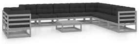 vidaXL 11-delige Loungeset met kussens massief grenenhout grijs