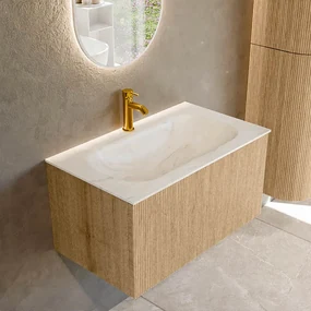 Mondiaz Kurve-dlux 80cm badmeubel oak met 1 lade en wastafel big small midden 1 kraangat ostra