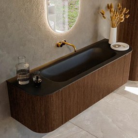 Mondiaz Kurve 150cm badmeubel ronding links/rechts walnut met 1 lade en 2 deuren en wastafel big medium midden zonder kraangat urban
