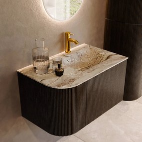 Mondiaz Kurve-dlux 75cm badmeubel ronding links shadow met 1 lade en deur en wastafel grunne kraangat rechts glace