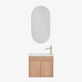 Narek Zwevend Houten Badkamermeubelset Met Geïntegreerde Wastafel Ovaal Met Opbergruimte 45x90 Cm Abner & Ash Brown & Geborsteld Goud ↑20 Cm Met Aftap