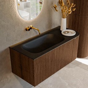 Mondiaz Kurve 105cm badmeubel ronding rechts walnut met 1 lade en deur en wastafel big small links zonder kraangat urban