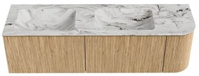 Mondiaz Kurve-dlux 155cm badmeubel ronding rechts oak met 2 lades en 1 deur en wastafel leaf dubbel/links 2 kraangaten glace