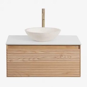 Tedrik Badkamermeubelset In Essenhout Ash Brown & Rond Cement Wit Ø40 Cm Zavion & Spiegelloze & Goud ↑30 Cm Met Aftapkraan Zonder Overloop Orveta -