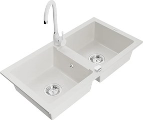 Mexen Mario granitische spoelbak met 2 kamers en Telma keukenkraan, wit - 6504-20-670200-20