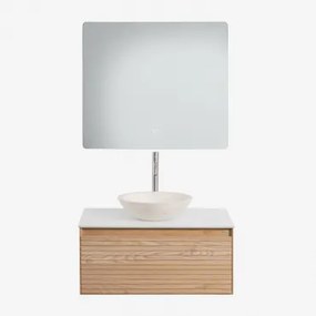 Tedrik Badkamermeubelset In Essenhout Ash Brown & Rond Cement Wit Ø40 Cm Zavion & Rechthoekige Led En Anticondens 80x70 Cm Gualar & Chroom - Sklum