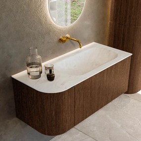 Mondiaz Kurve-dlux 105cm badmeubel ronding links walnut met 1 lade en deur en wastafel big small rechts zonder kraangat opalo
