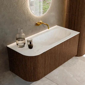 Mondiaz Kurve-dlux 105cm badmeubel ronding links walnut met 1 lade en deur en wastafel big small rechts zonder kraangat opalo