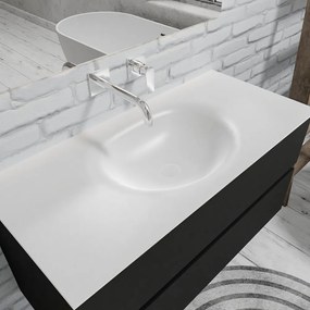 Zaro Sevilla Solid Surface badmeubel 100cm mat zwart geen kraangat met 2 lades spoelbak midden