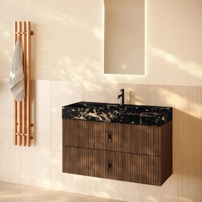 Muebles Murcia badmeubel ribbelfront 100cm walnoot met Portoro Gold wastafel met kraangat